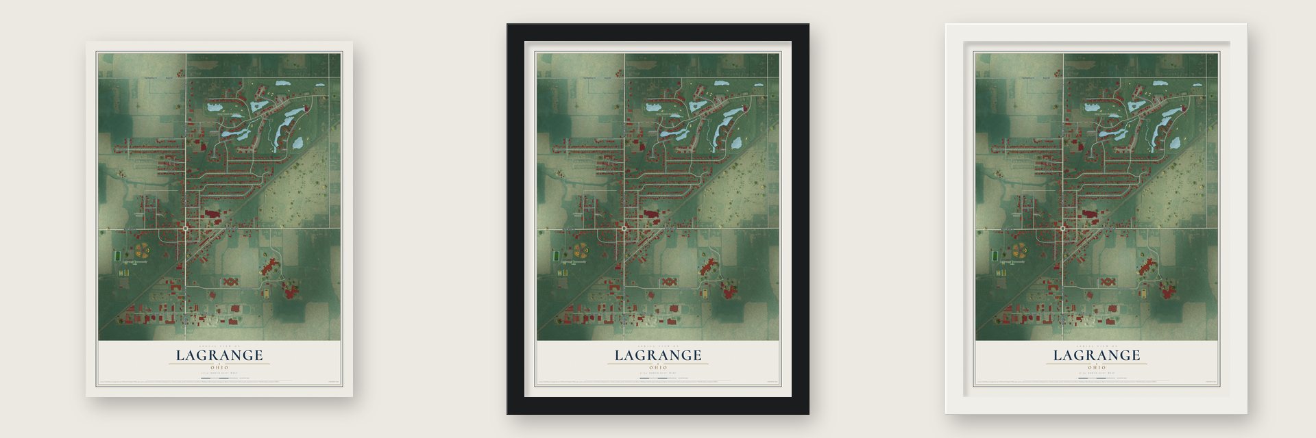 LaGrange, Ohio map unframed, in a black wood frame and in a white wood frame