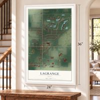 LaGrange, Ohio map, 24 x 36 inch print in a white frame by a staircase