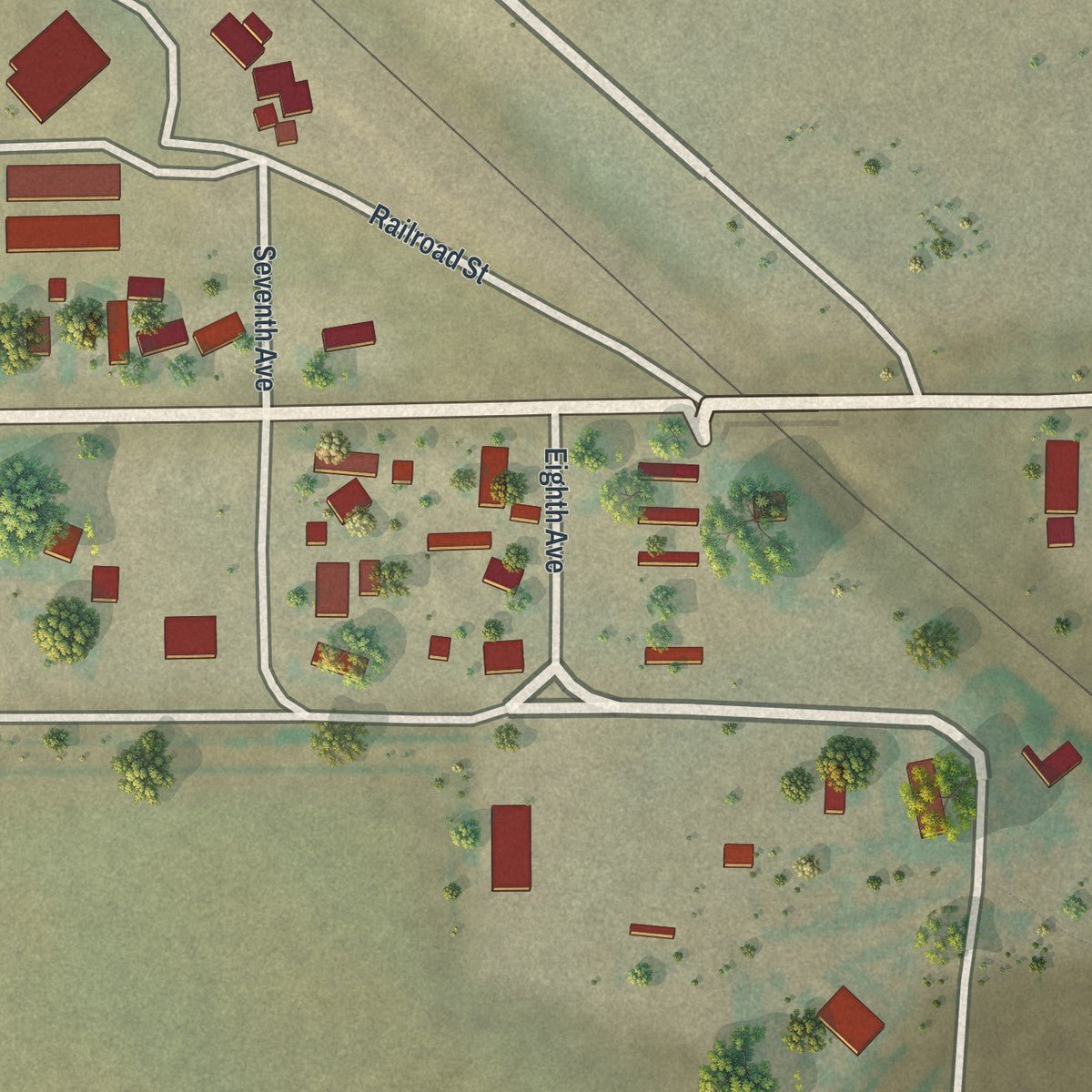 Second close-up of the map of LaGrange, Wyoming print showing more streets and buildings
