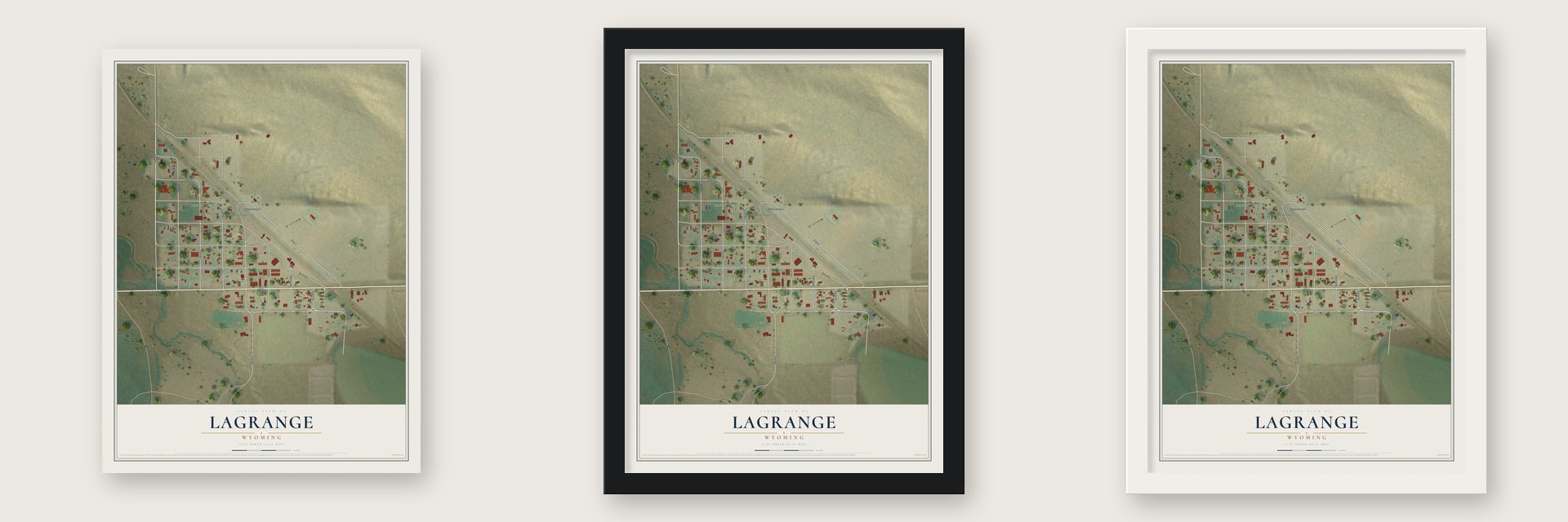 LaGrange, Wyoming map unframed, in a black wood frame and in a white wood frame