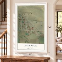 LaGrange, Wyoming map, 24 x 36 inch print in a white frame by a staircase