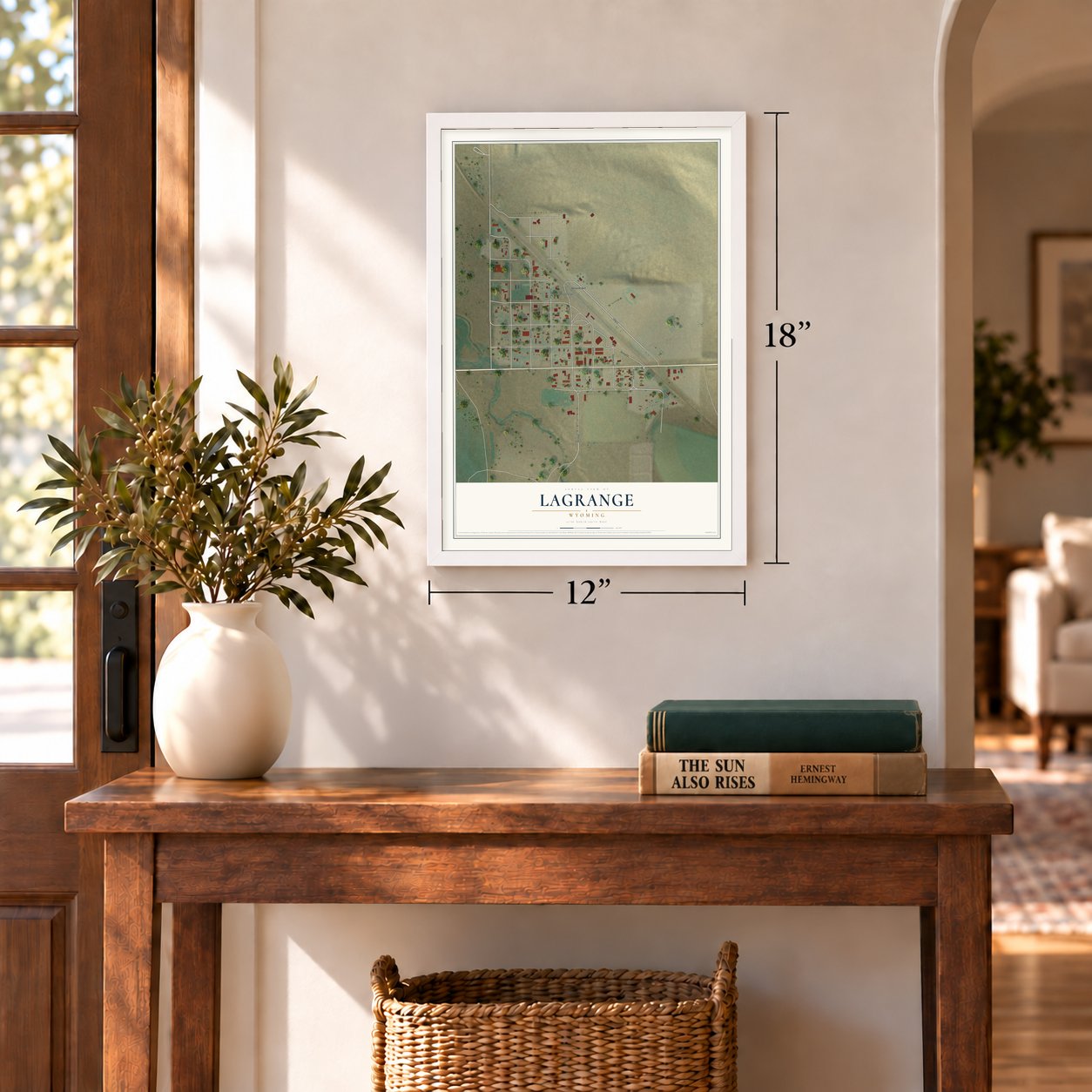 LaGrange, Wyoming map, 12 x 18 inch print in a white frame in an entryway