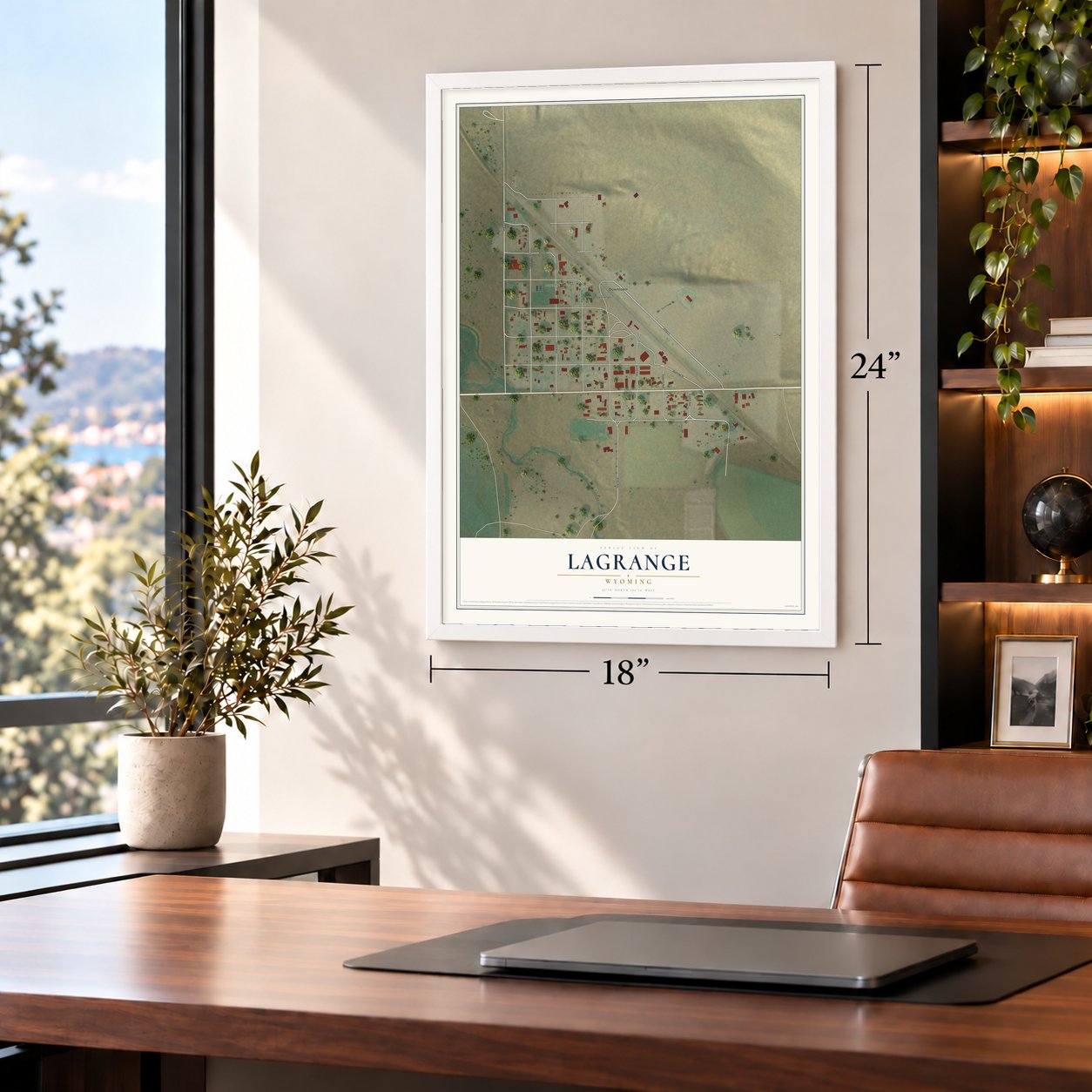 LaGrange, Wyoming map, 18 x 24 inch print in a white frame in a home office