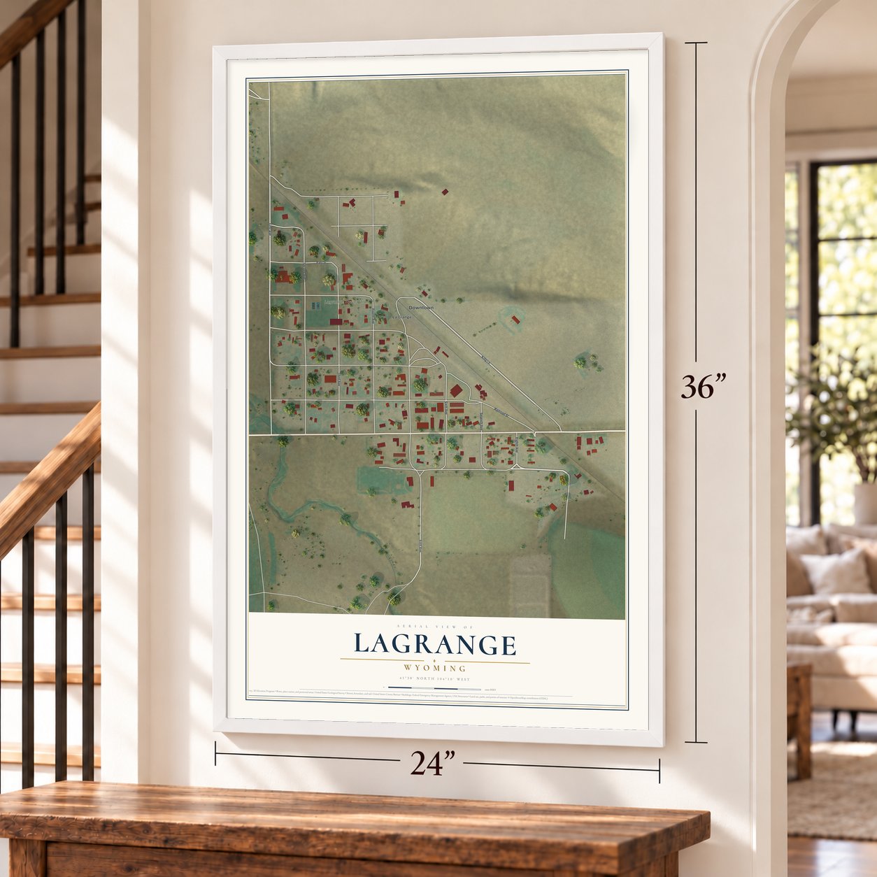 LaGrange, Wyoming map, 24 x 36 inch print in a white frame by a staircase