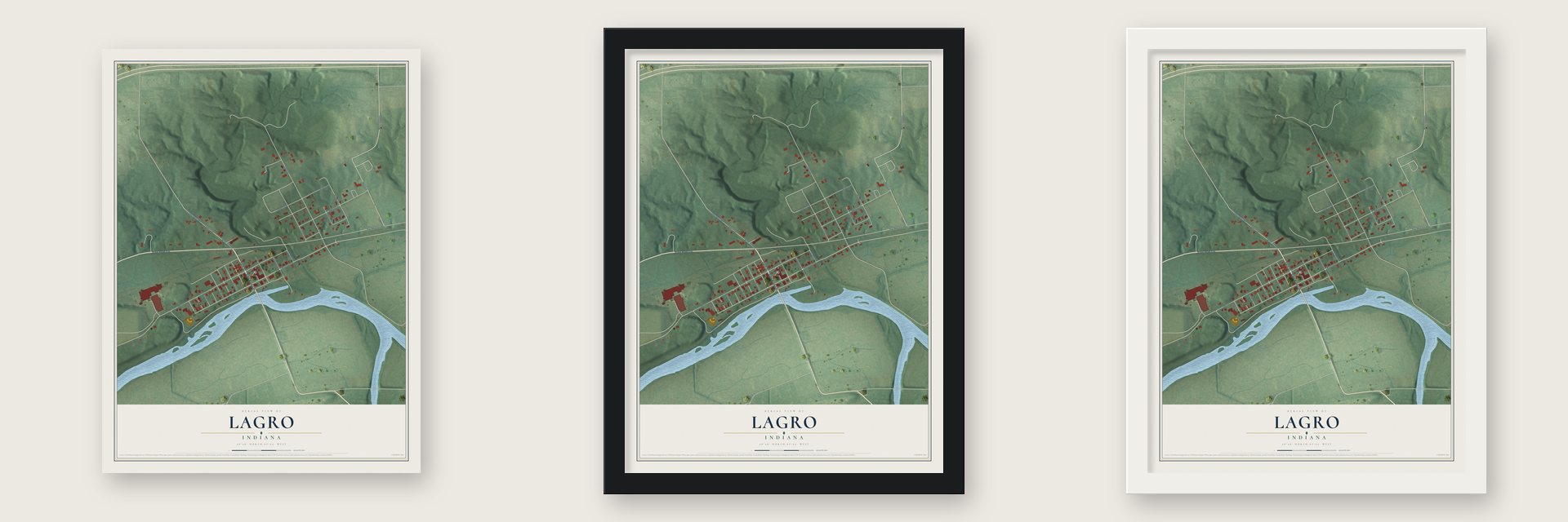 Lagro, Indiana map unframed, in a black wood frame and in a white wood frame