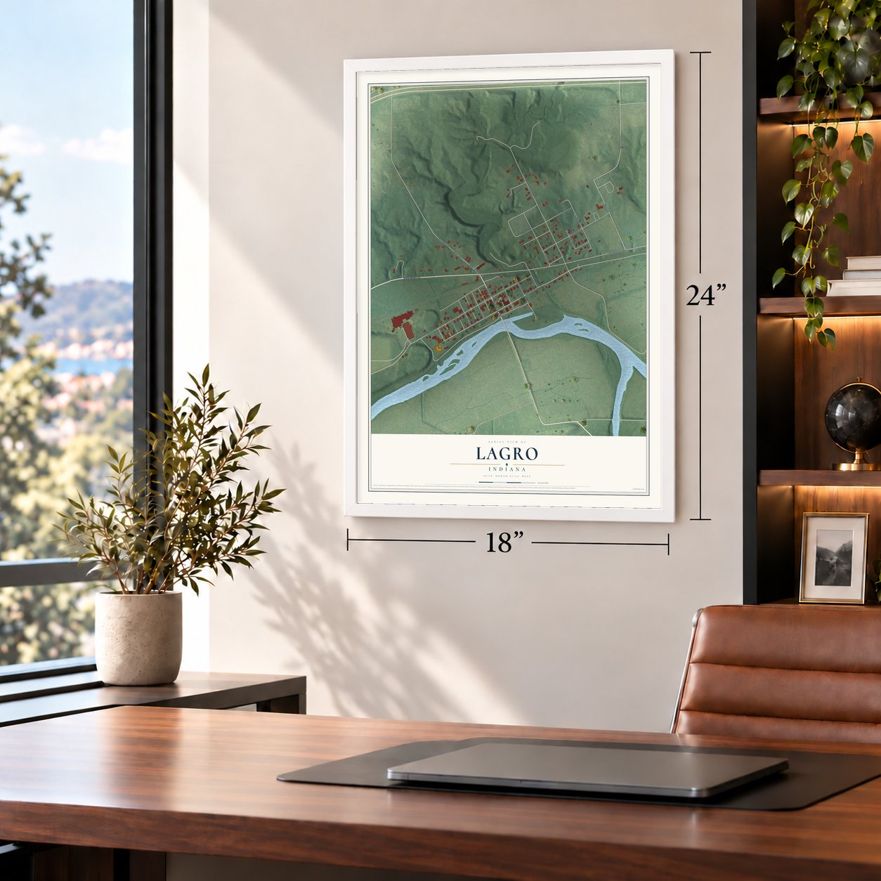 Lagro, Indiana map, 18 x 24 inch print in a white frame in a home office