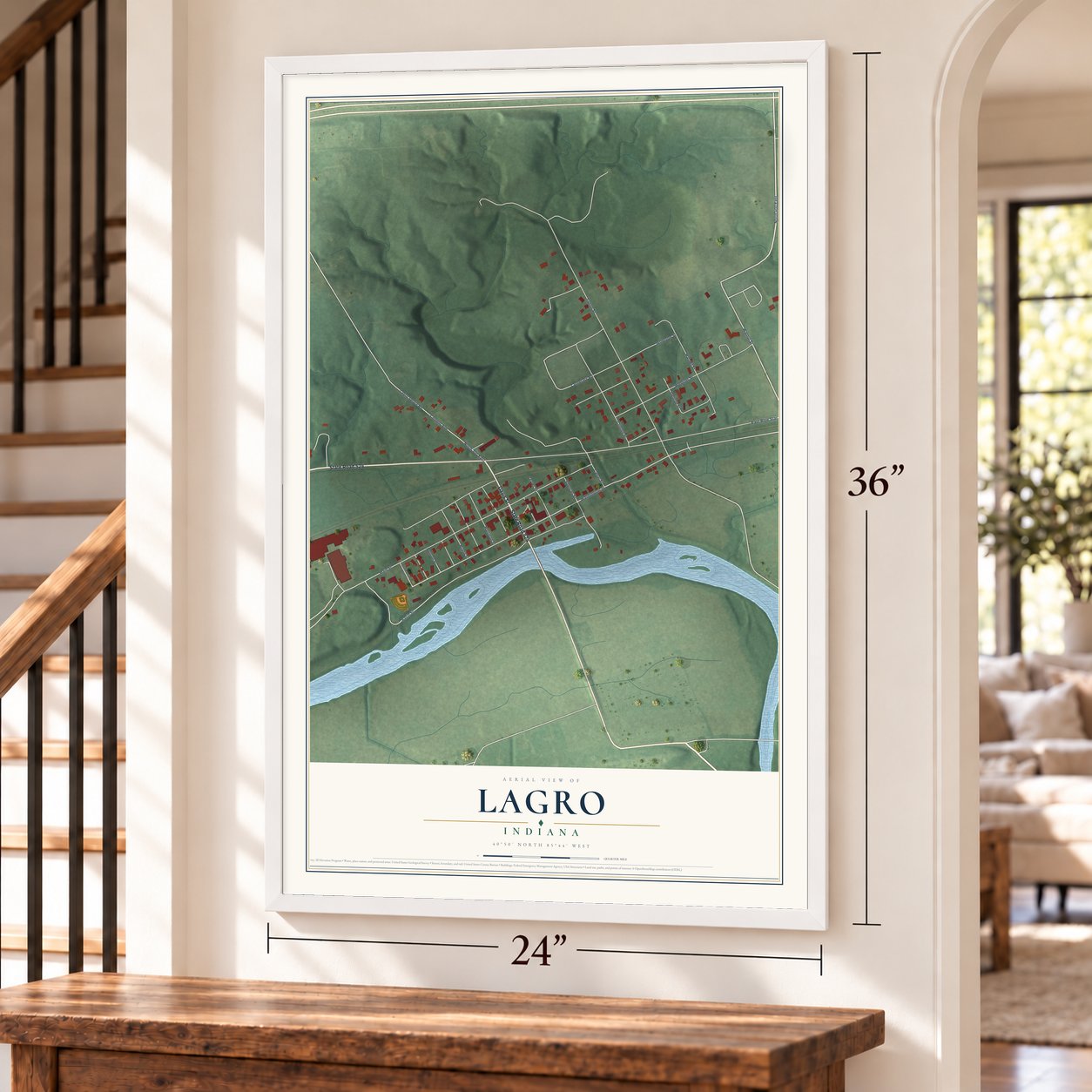 Lagro, Indiana map, 24 x 36 inch print in a white frame by a staircase