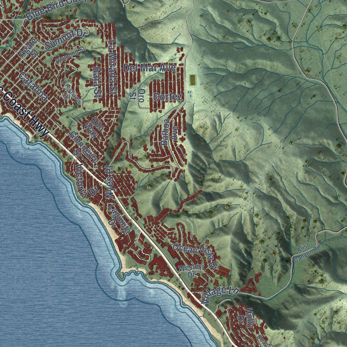 Second close-up of the map of Laguna Beach, California print showing more streets and buildings