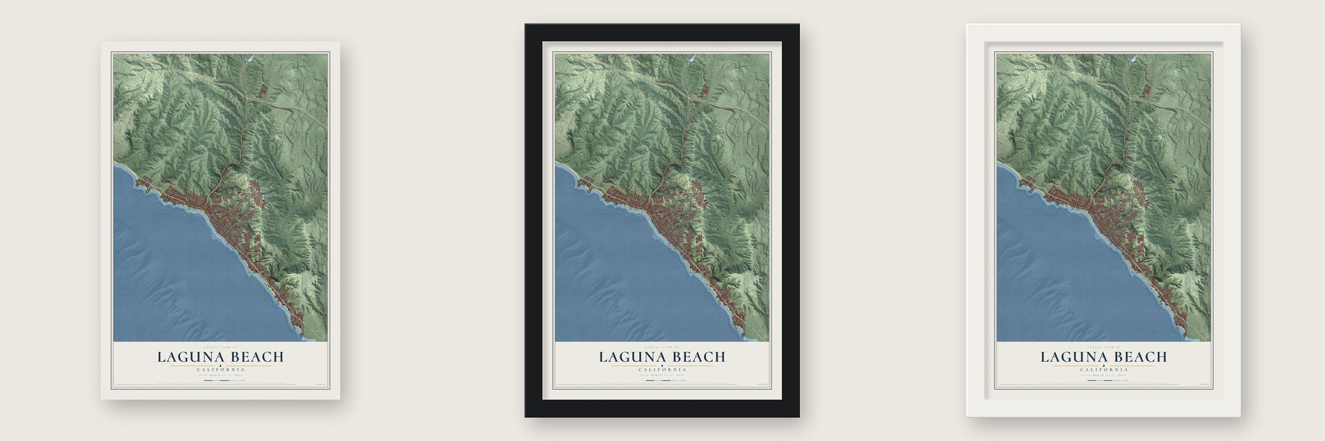 Laguna Beach, California map unframed, in a black wood frame and in a white wood frame