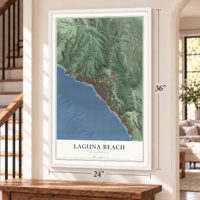 Laguna Beach, California map, 24 x 36 inch print in a white frame by a staircase