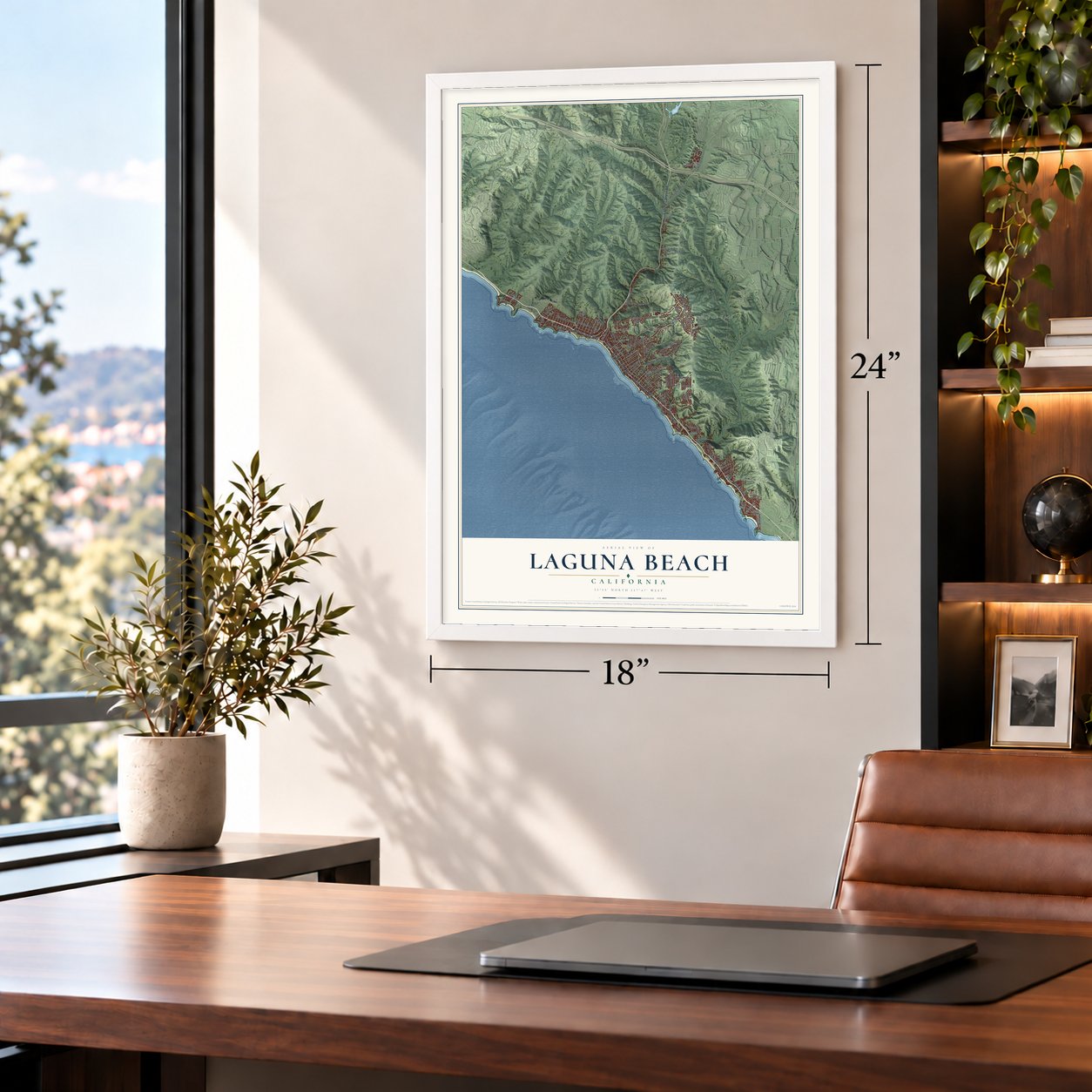 Laguna Beach, California map, 18 x 24 inch print in a white frame in a home office
