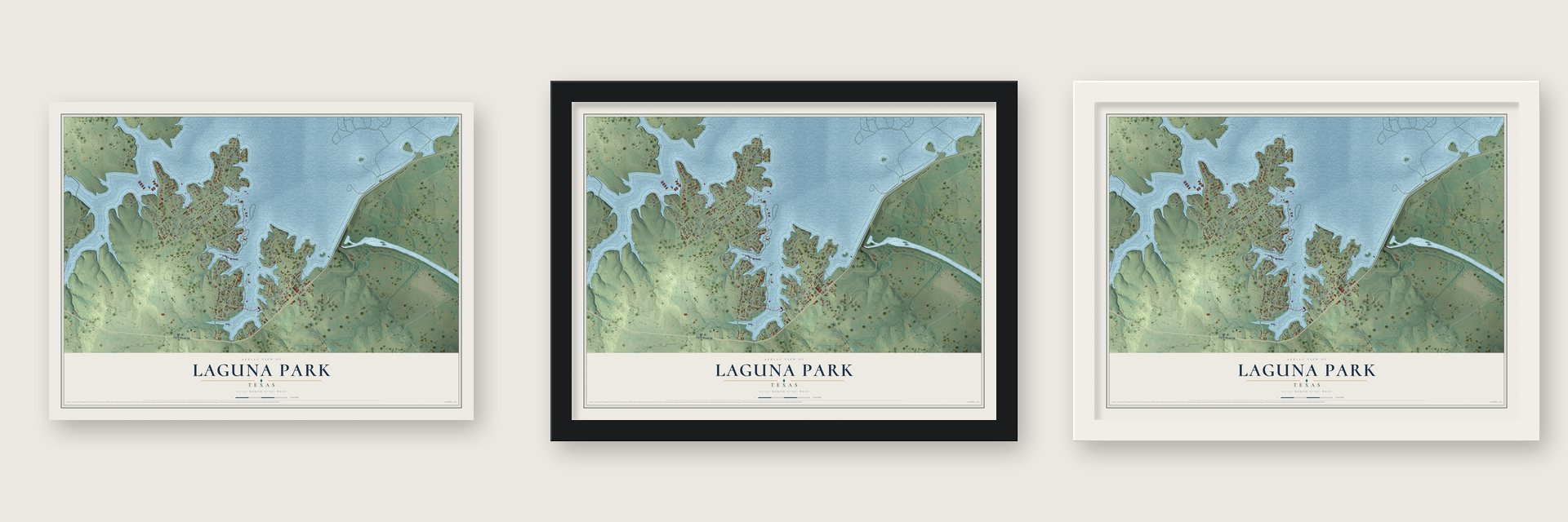 Laguna Park, Texas map unframed, in a black wood frame and in a white wood frame