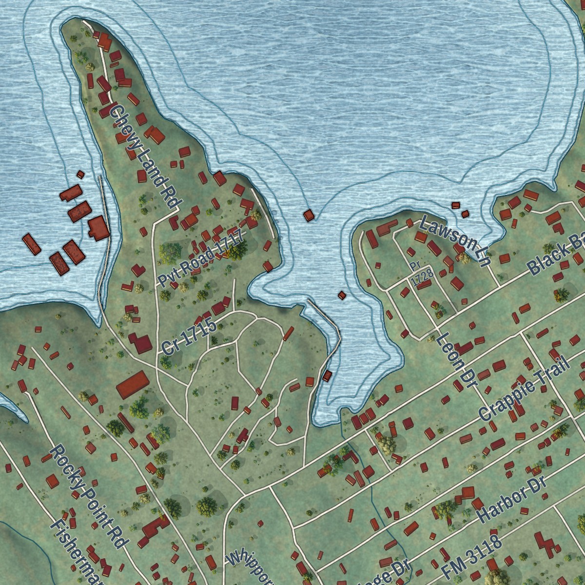 Second close-up of the map of Laguna Park, Texas print showing more streets and buildings