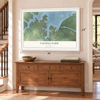 Laguna Park, Texas map, 24 x 36 inch print in a white frame above a dresser by a staircase