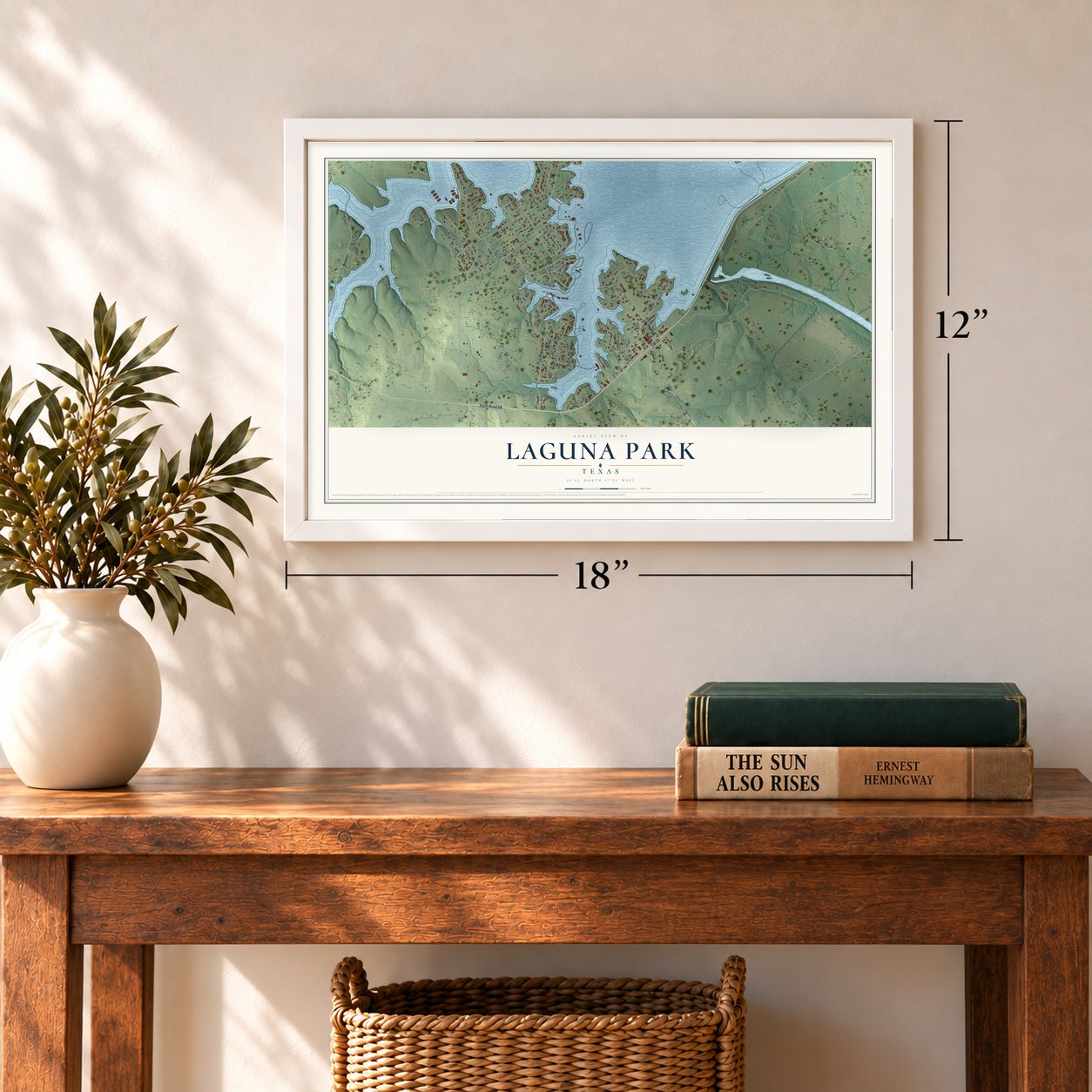 Laguna Park, Texas map, 12 x 18 inch print in a white frame in an entryway