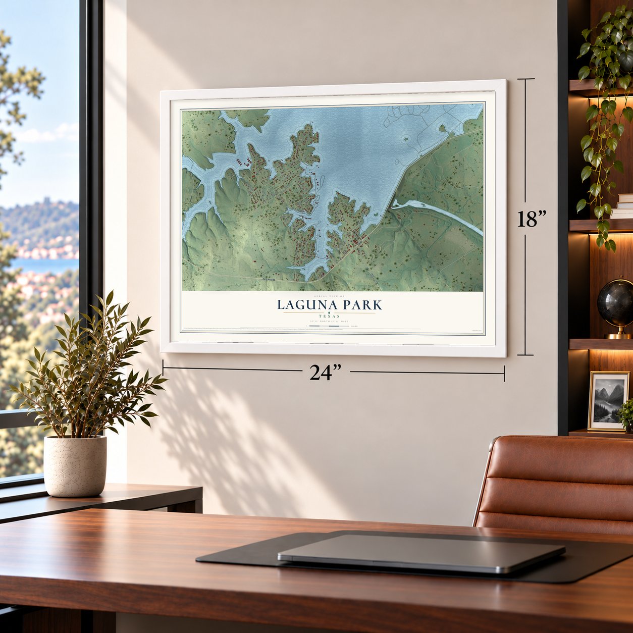Laguna Park, Texas map, 18 x 24 inch print in a white frame in a home office