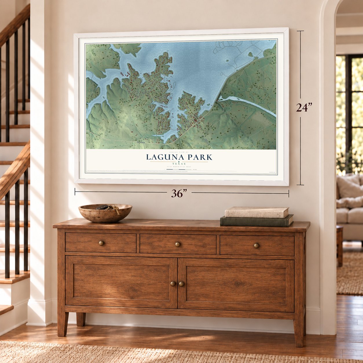 Laguna Park, Texas map, 24 x 36 inch print in a white frame above a dresser by a staircase