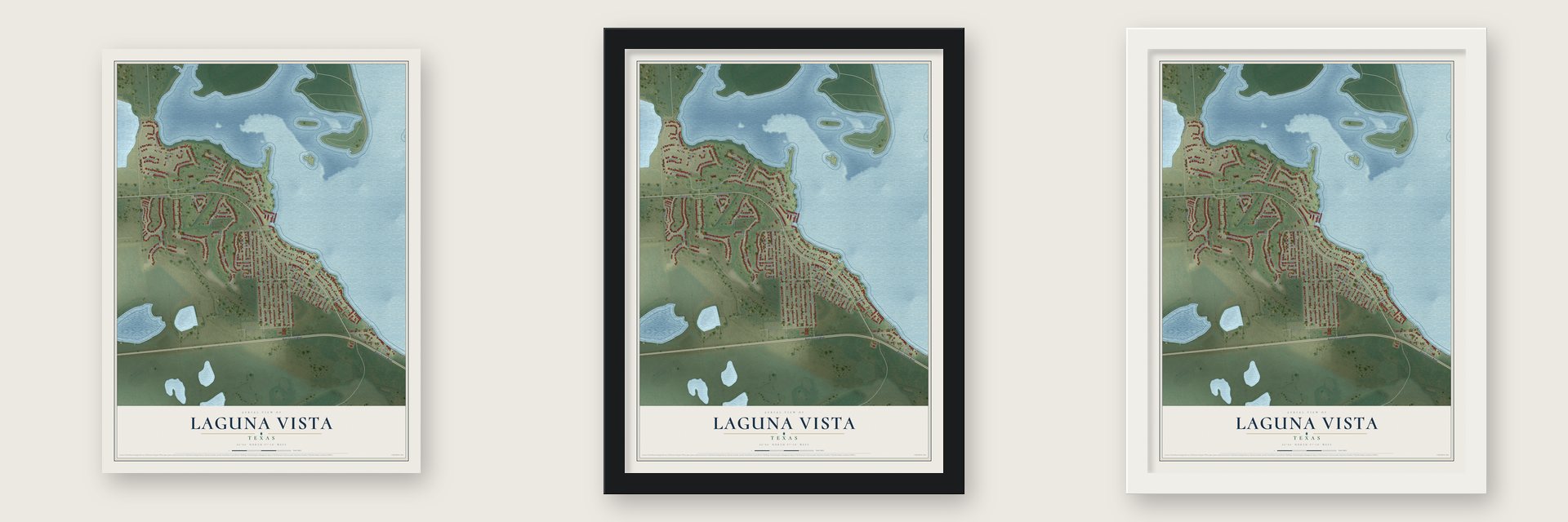 Laguna Vista, Texas map unframed, in a black wood frame and in a white wood frame