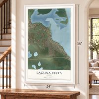 Laguna Vista, Texas map, 24 x 36 inch print in a white frame by a staircase