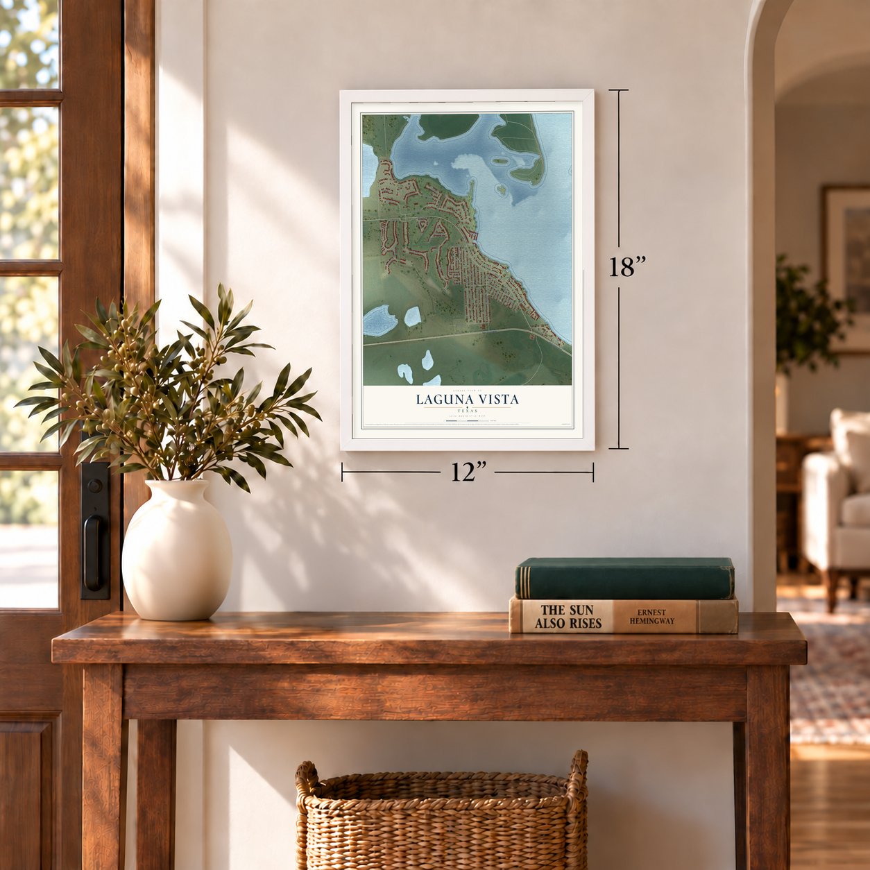 Laguna Vista, Texas map, 12 x 18 inch print in a white frame in an entryway