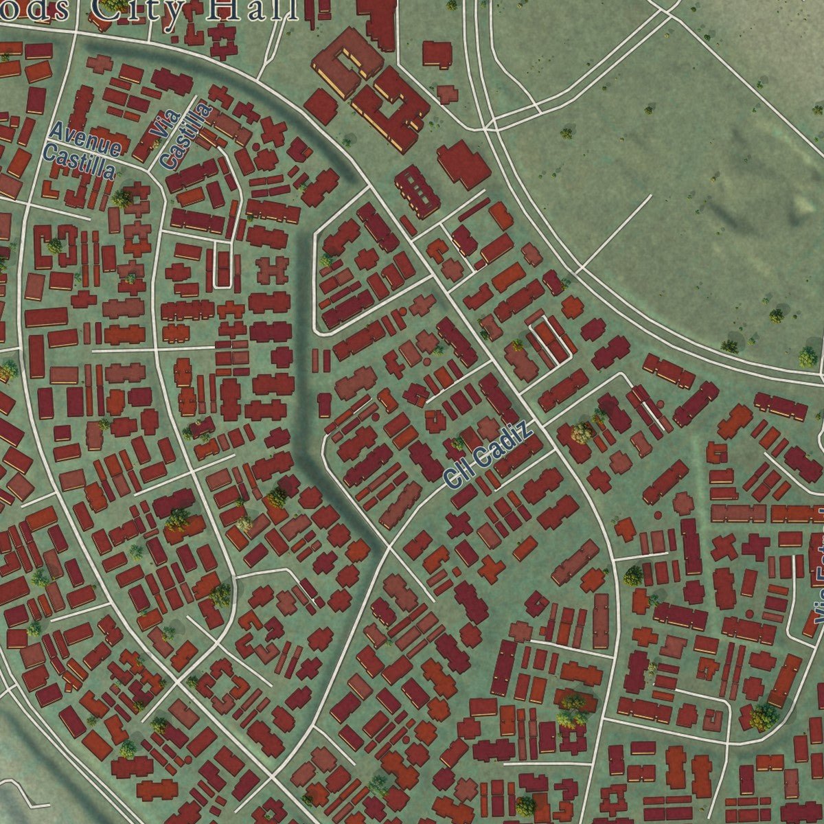 Second close-up of the map of Laguna Woods, California print showing more streets and buildings