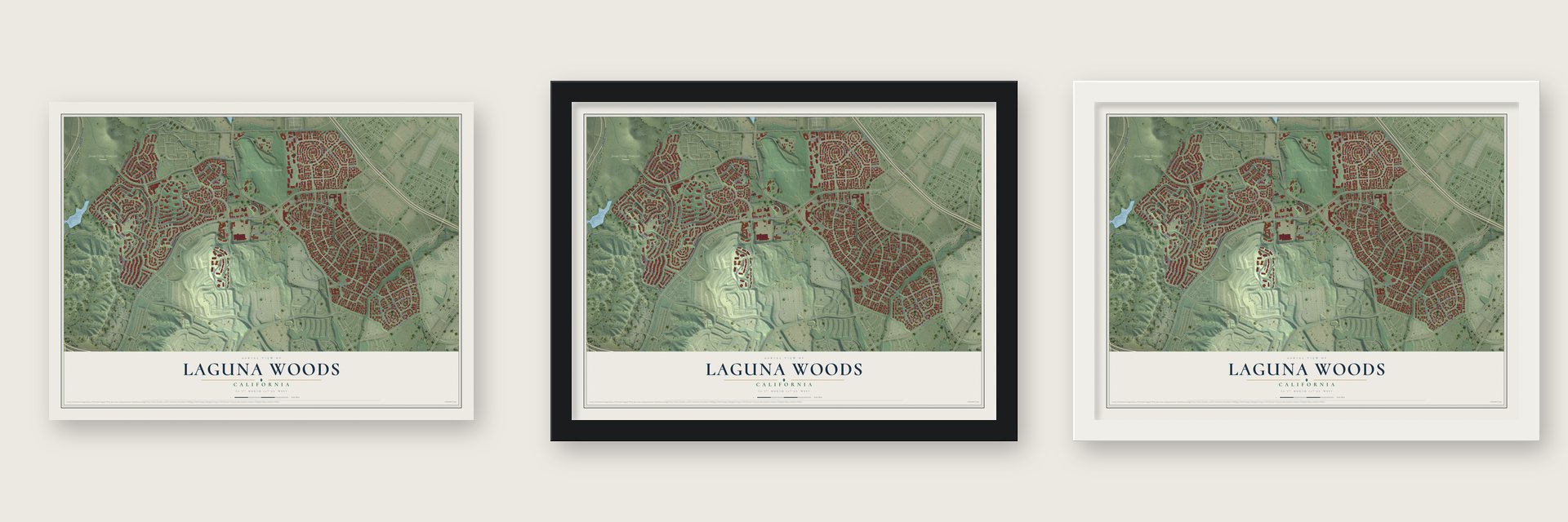 Laguna Woods, California map unframed, in a black wood frame and in a white wood frame