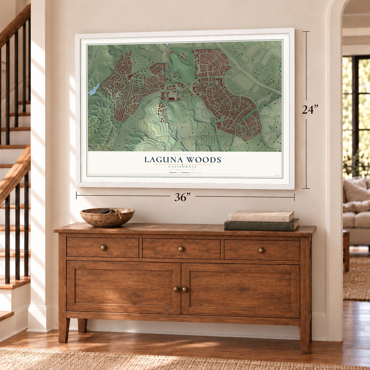Laguna Woods, California map, 24 x 36 inch print in a white frame above a dresser by a staircase