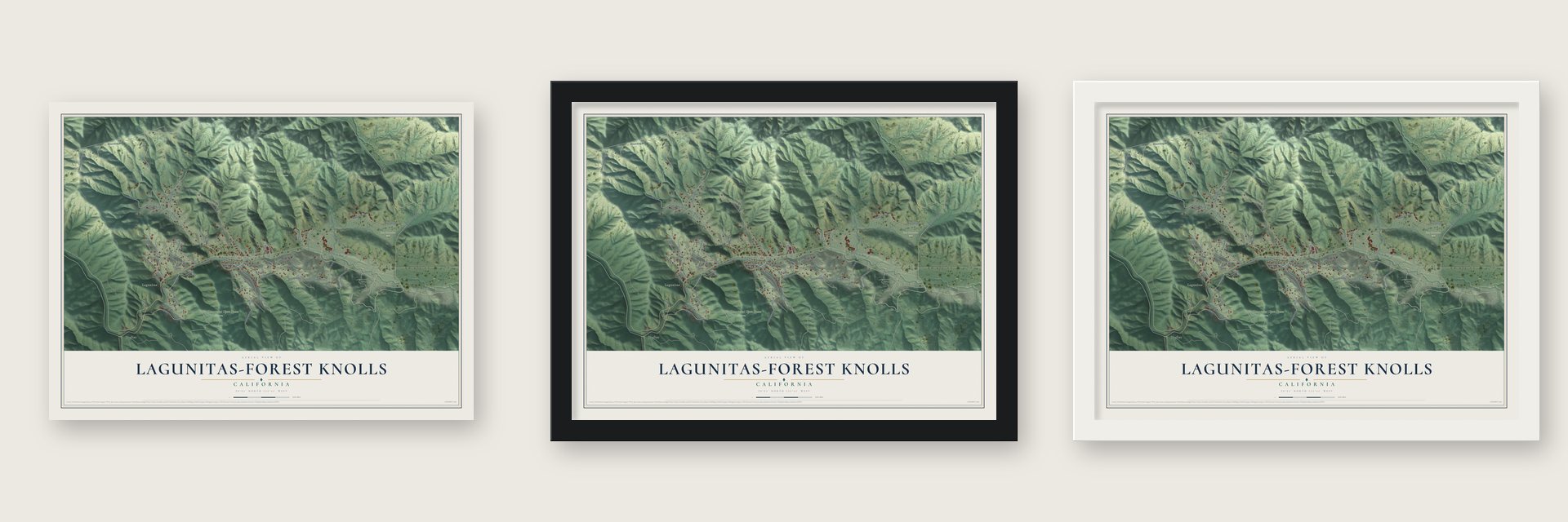 Lagunitas-Forest Knolls, California map unframed, in a black wood frame and in a white wood frame