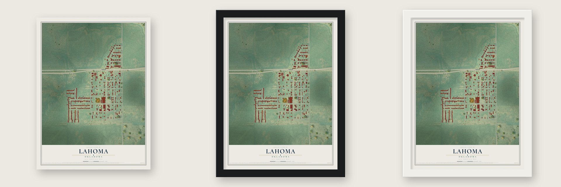 Lahoma, Oklahoma map unframed, in a black wood frame and in a white wood frame