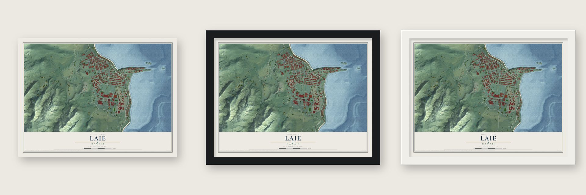 Laie, Hawaii map unframed, in a black wood frame and in a white wood frame