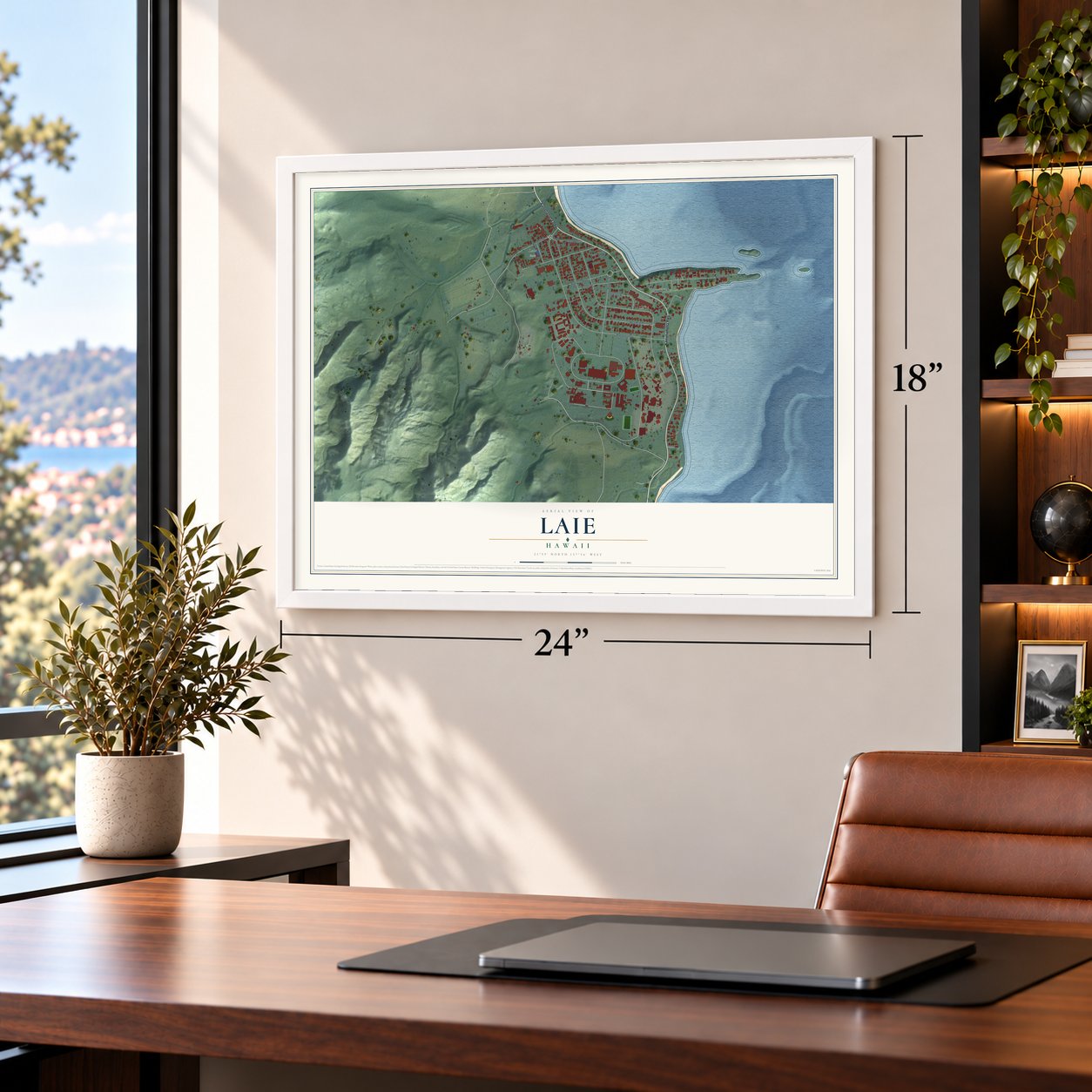 Laie, Hawaii map, 18 x 24 inch print in a white frame in a home office