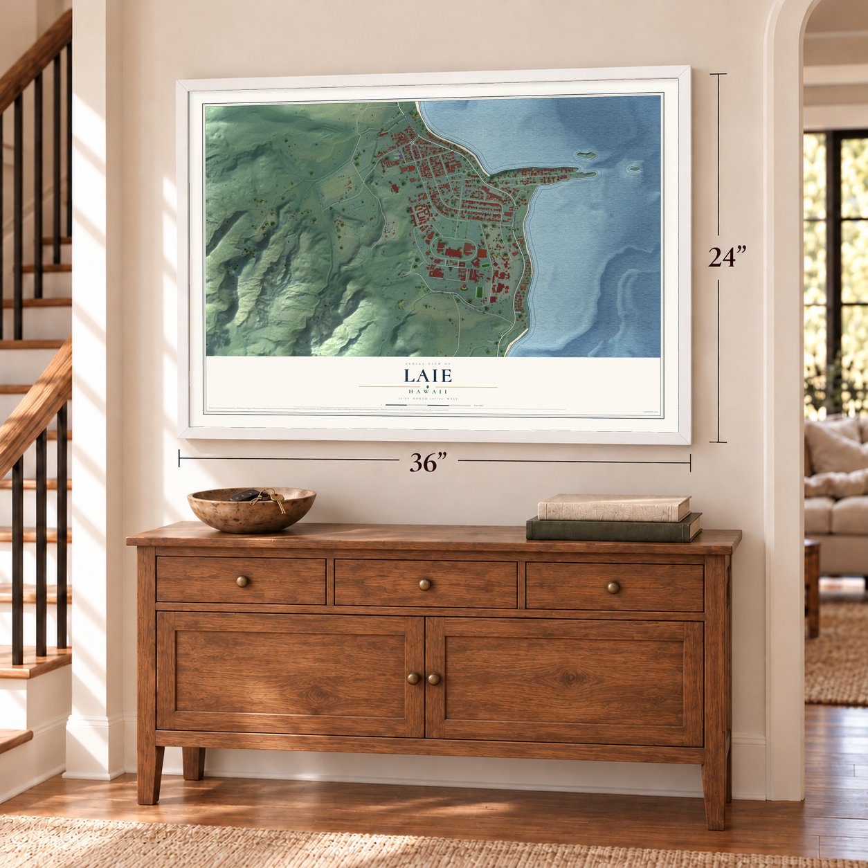 Laie, Hawaii map, 24 x 36 inch print in a white frame above a dresser by a staircase
