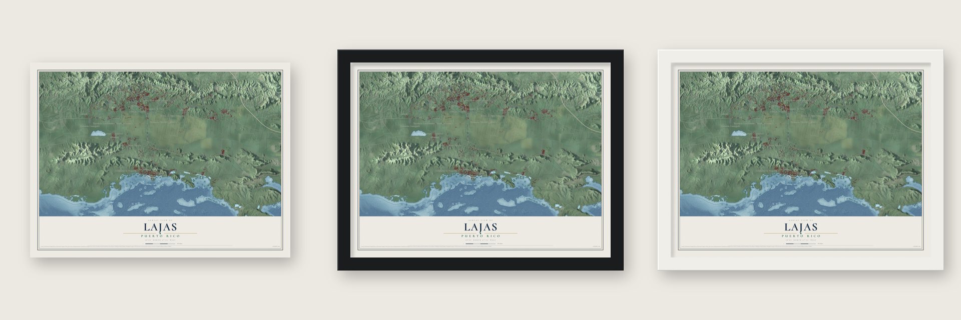 Lajas, Puerto Rico map unframed, in a black wood frame and in a white wood frame