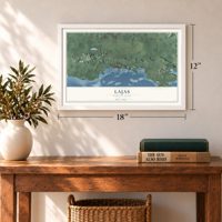 Lajas, Puerto Rico map, 12 x 18 inch print in a white frame in an entryway