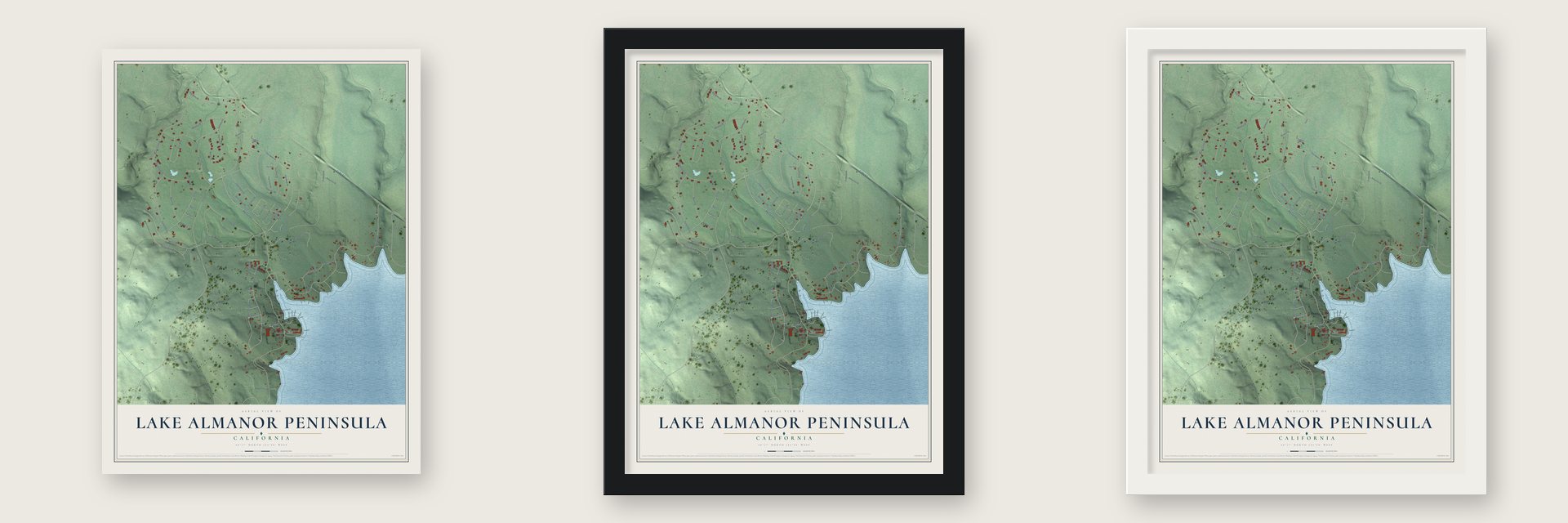 Lake Almanor Peninsula, California map unframed, in a black wood frame and in a white wood frame