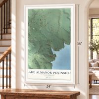 Lake Almanor Peninsula, California map, 24 x 36 inch print in a white frame by a staircase