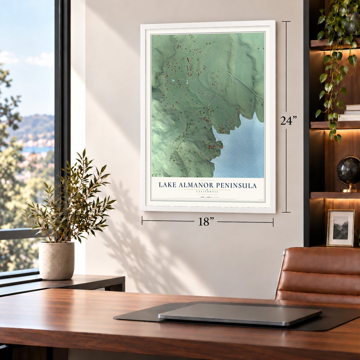 Lake Almanor Peninsula, California map, 18 x 24 inch print in a white frame in a home office