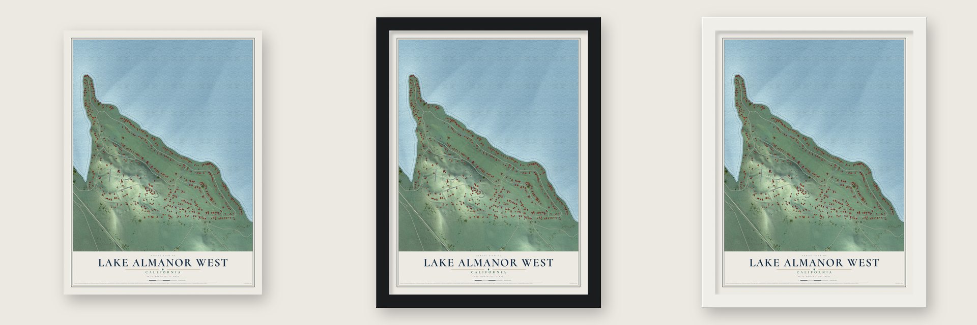 Lake Almanor West, California map unframed, in a black wood frame and in a white wood frame