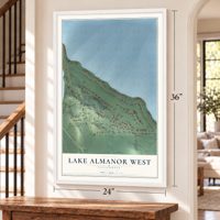 Lake Almanor West, California map, 24 x 36 inch print in a white frame by a staircase