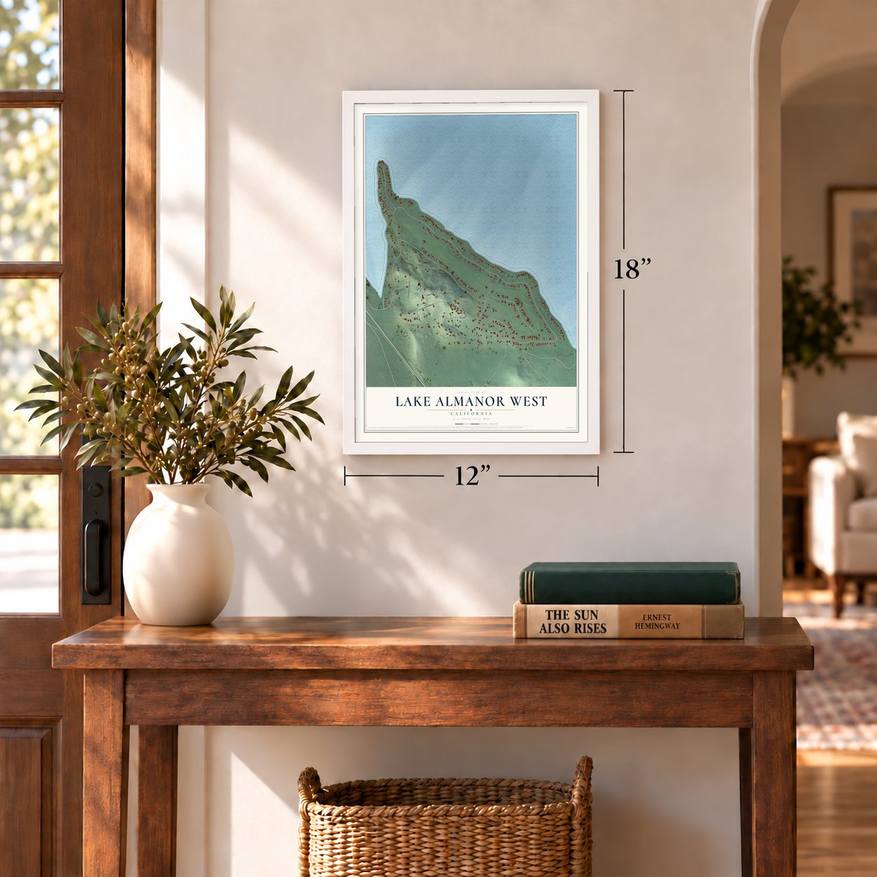 Lake Almanor West, California map, 12 x 18 inch print in a white frame in an entryway