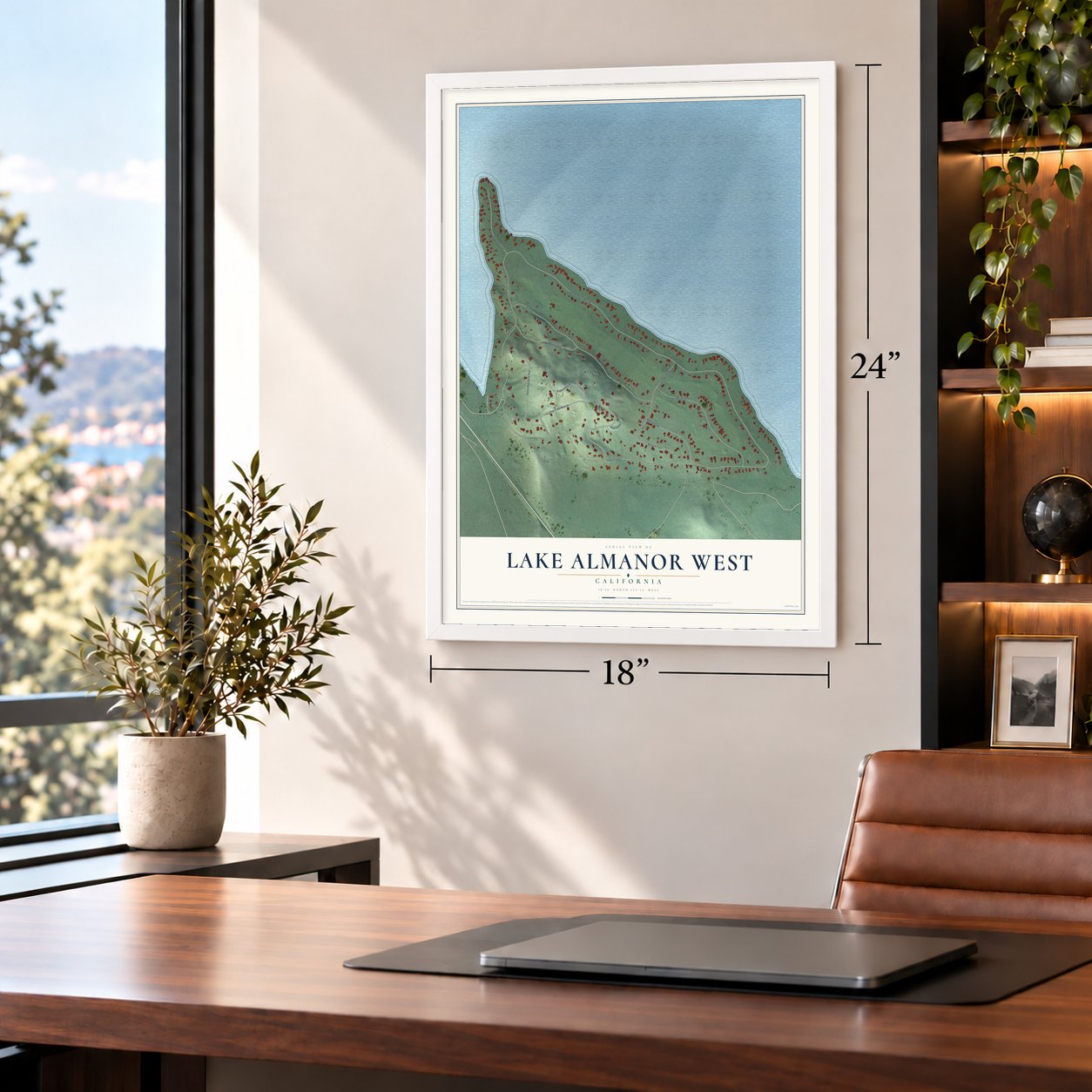 Lake Almanor West, California map, 18 x 24 inch print in a white frame in a home office