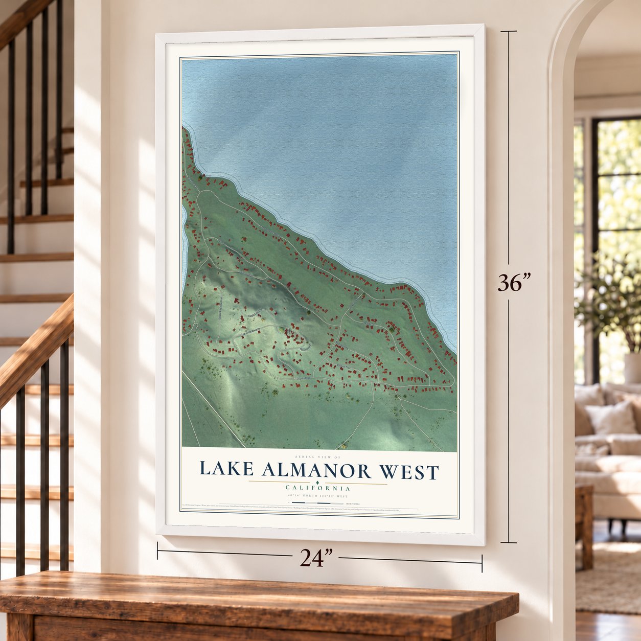 Lake Almanor West, California map, 24 x 36 inch print in a white frame by a staircase