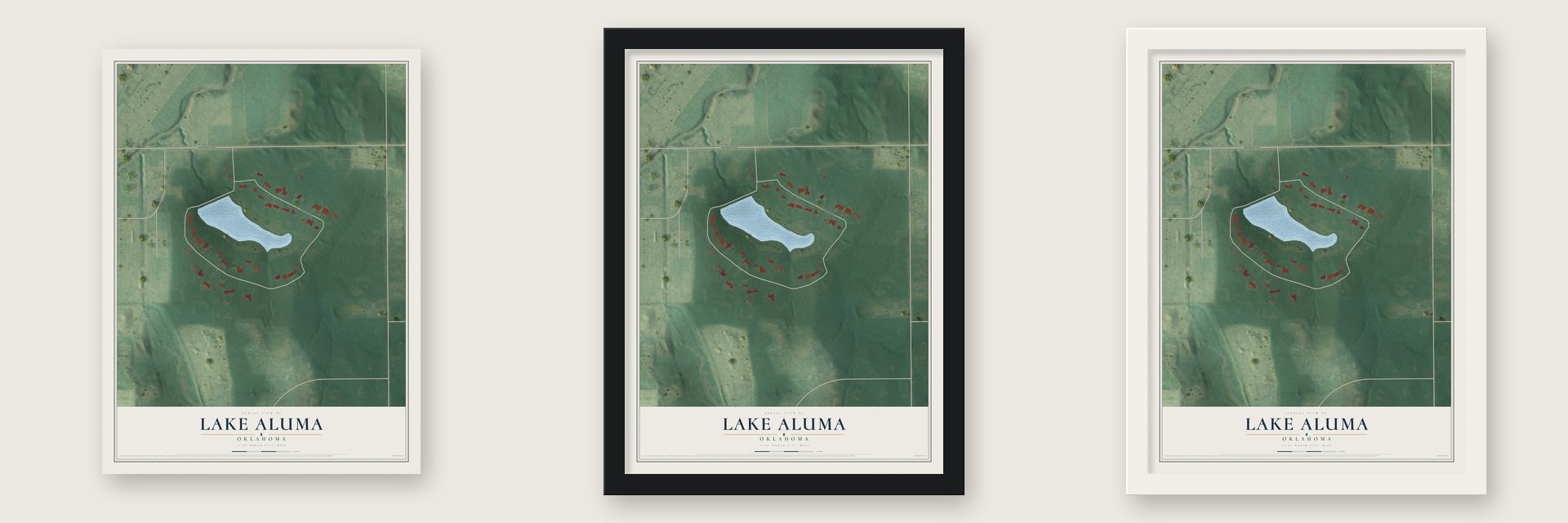 Lake Aluma, Oklahoma map unframed, in a black wood frame and in a white wood frame