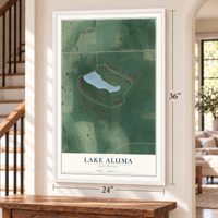 Lake Aluma, Oklahoma map, 24 x 36 inch print in a white frame by a staircase