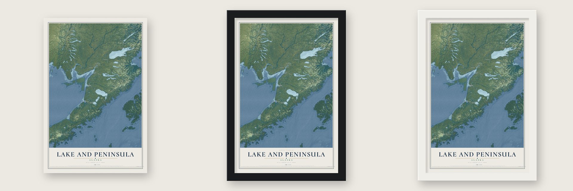 Lake and Peninsula, Alaska map unframed, in a black wood frame and in a white wood frame