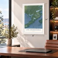 Lake and Peninsula, Alaska map, 18 x 24 inch print in a white frame in a home office