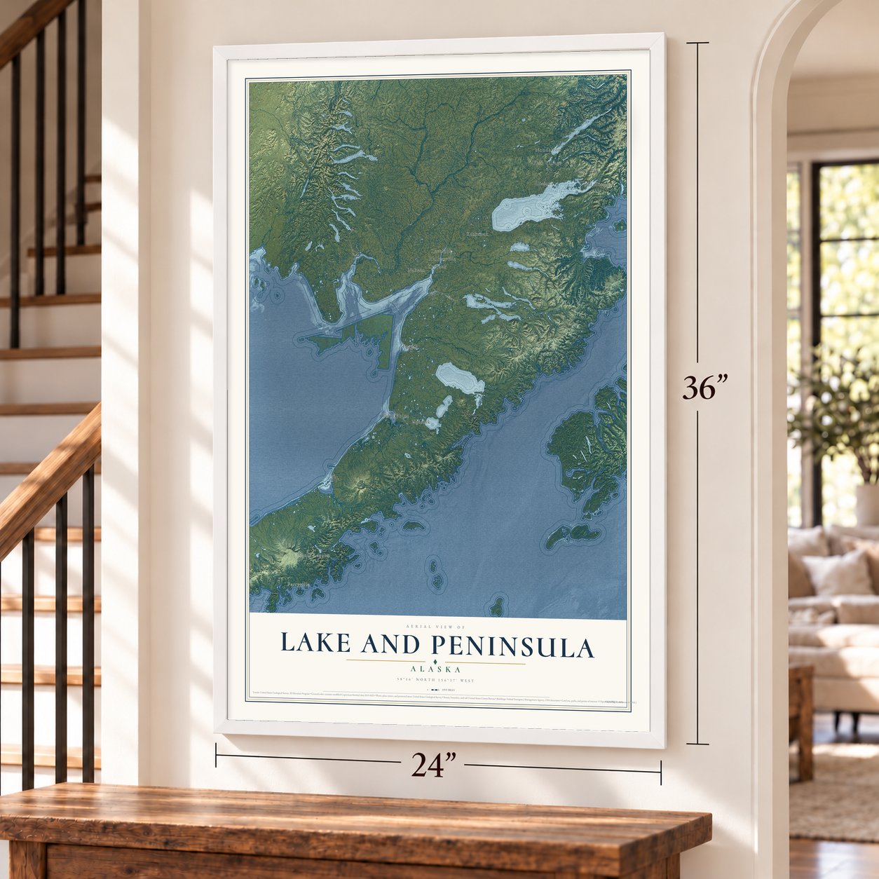 Lake and Peninsula, Alaska map, 24 x 36 inch print in a white frame by a staircase