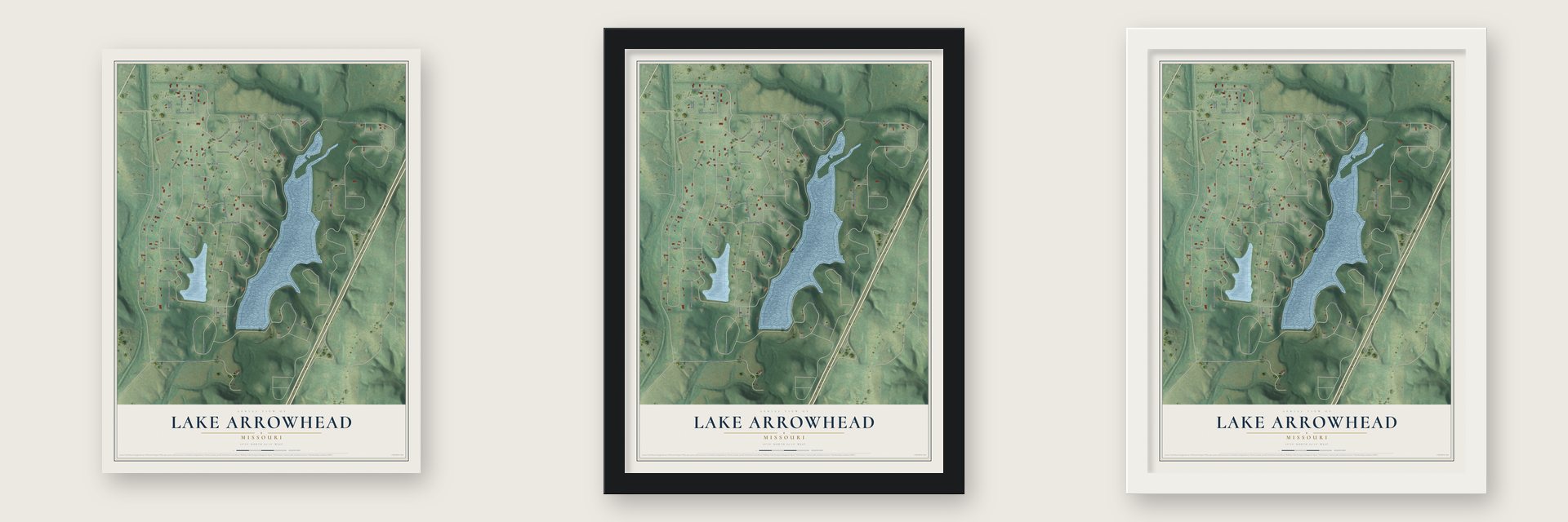 Lake Arrowhead, Missouri map unframed, in a black wood frame and in a white wood frame