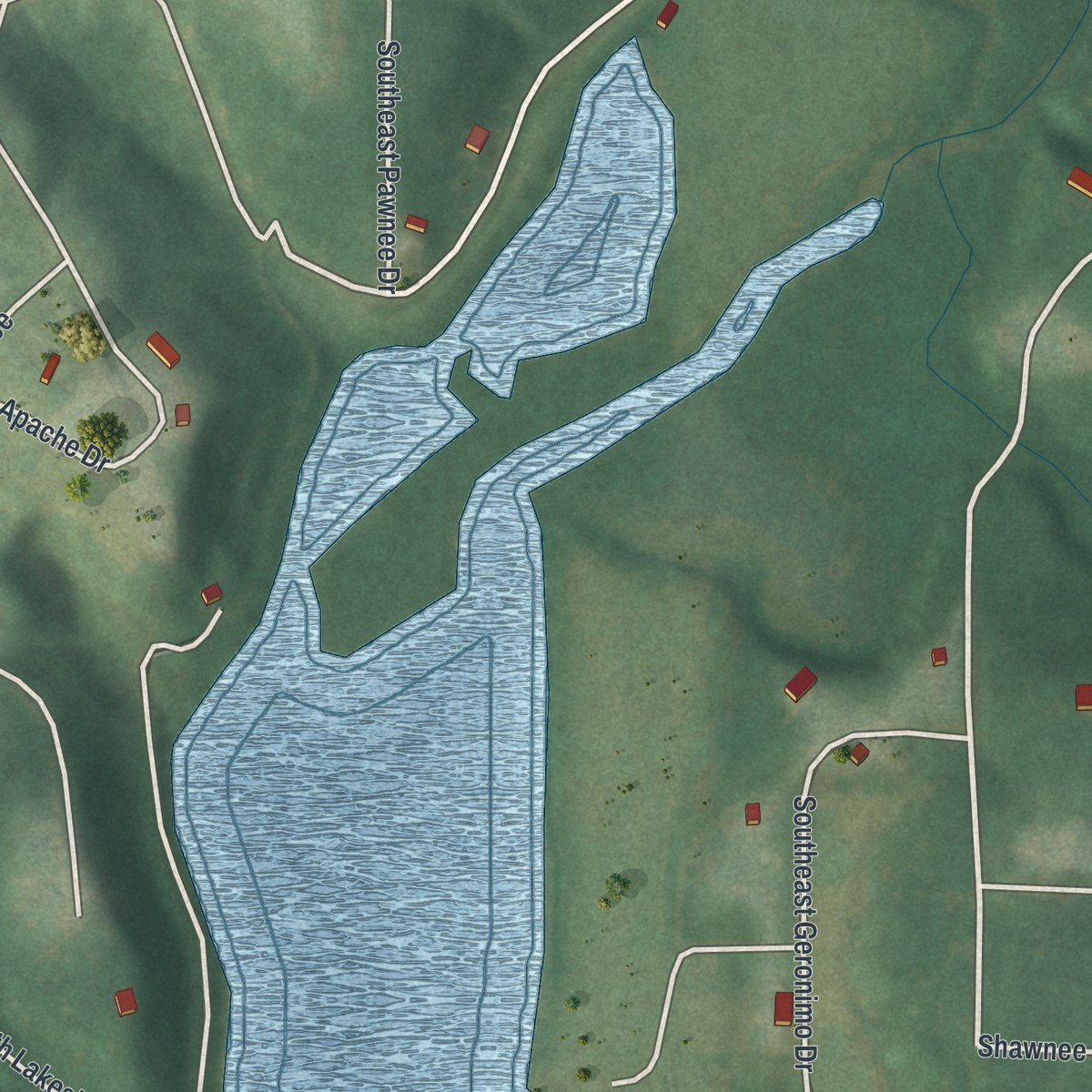 Second close-up of the map of Lake Arrowhead, Missouri print showing more streets and buildings