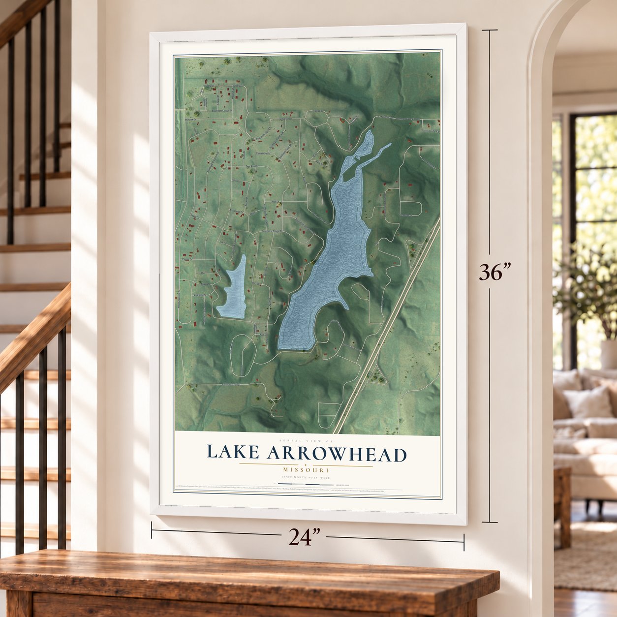 Lake Arrowhead, Missouri map, 24 x 36 inch print in a white frame by a staircase